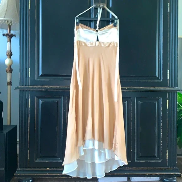 Bebe Dresses | Bebe Cocktail Party Dress Strapless Tie Neckline-Silky Beige N Pearly White | Color: Tan/White | Size: M | Spt70's Closet